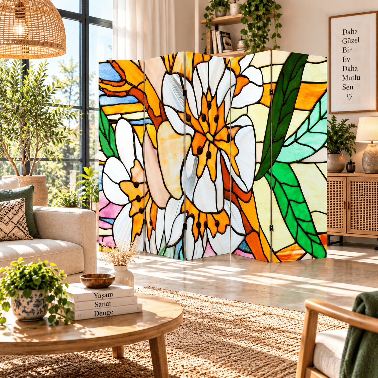 Vitray Çiçek Desenli Dekoratif Paravan