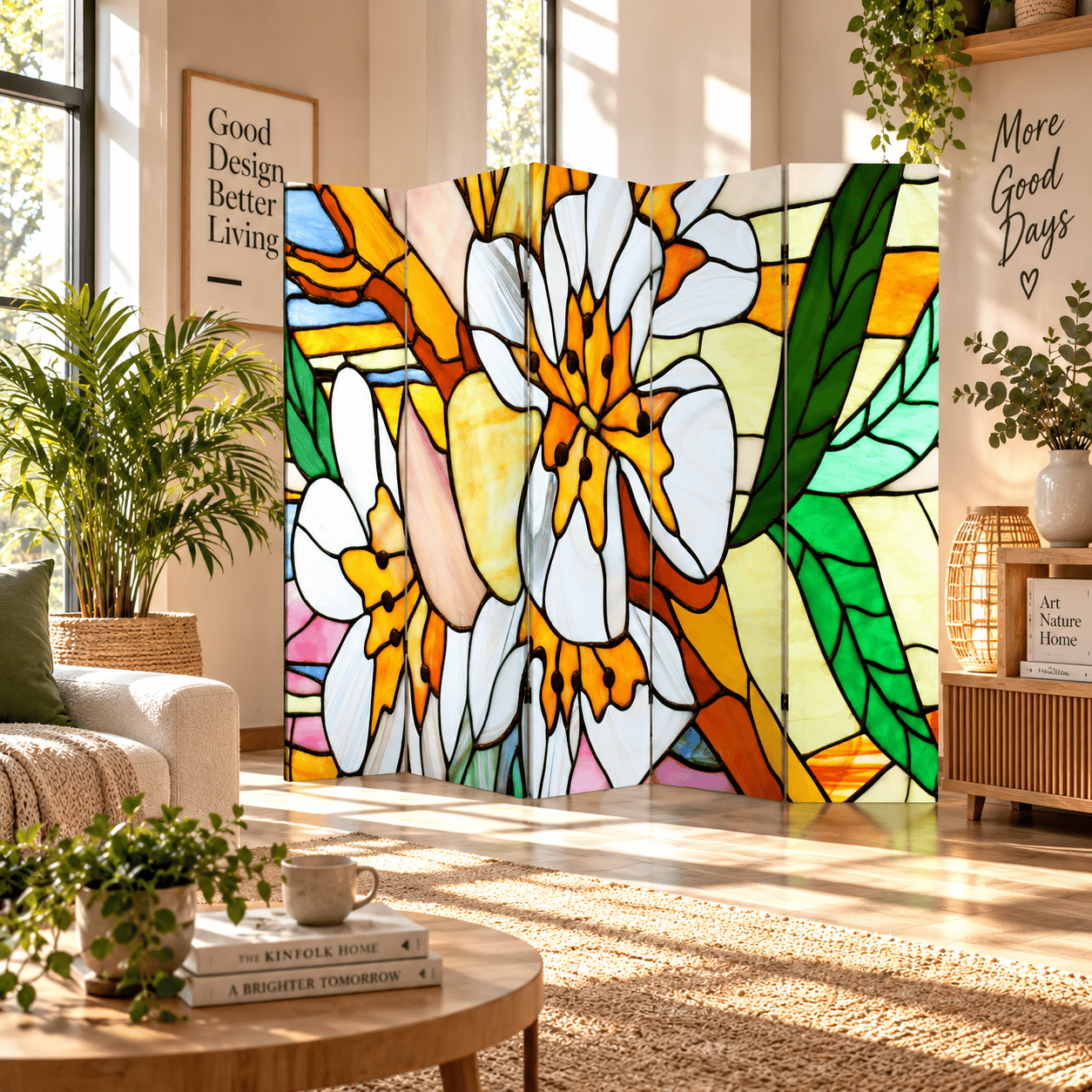 Vitray Çiçek Desenli Dekoratif Paravan