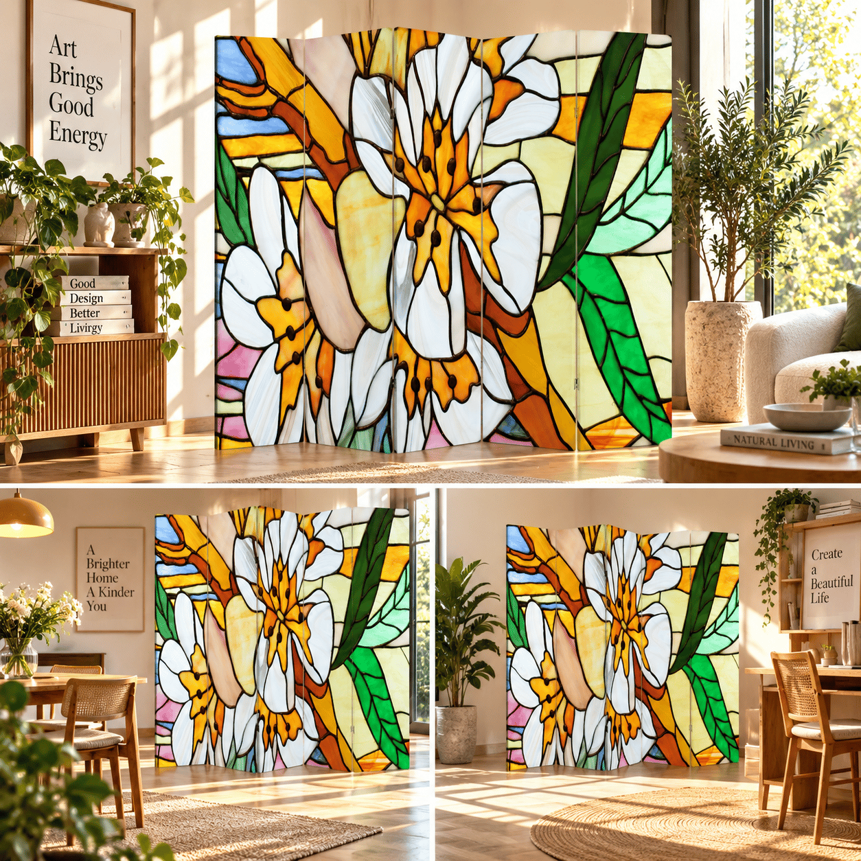 Vitray Çiçek Desenli Dekoratif Paravan