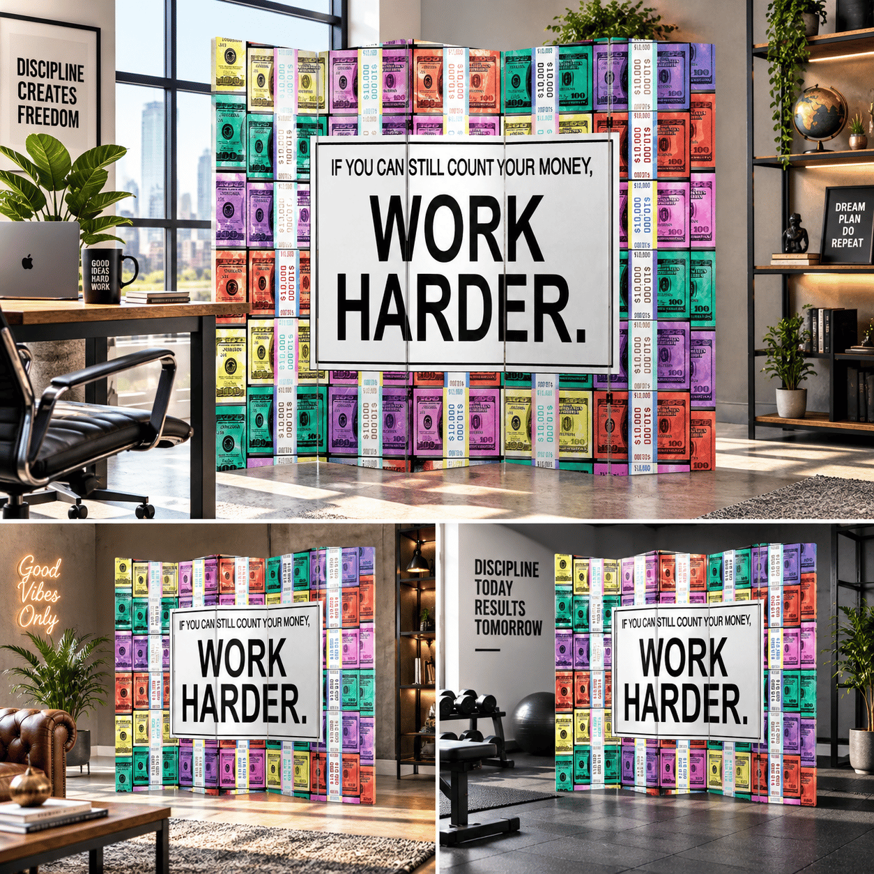 Work Harder Para Temalı Dekoratif Paravan – Motivasyon Tasarımlı Oda Bölücü