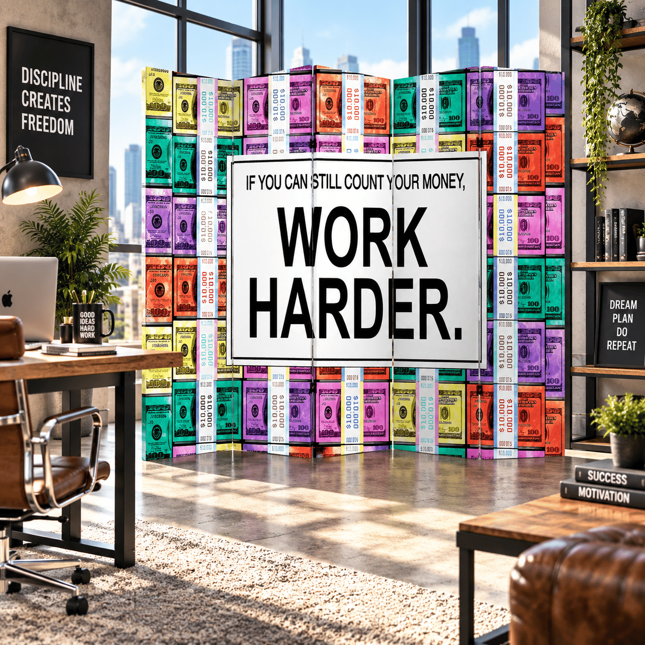 Work Harder Para Temalı Dekoratif Paravan – Motivasyon Tasarımlı Oda Bölücü