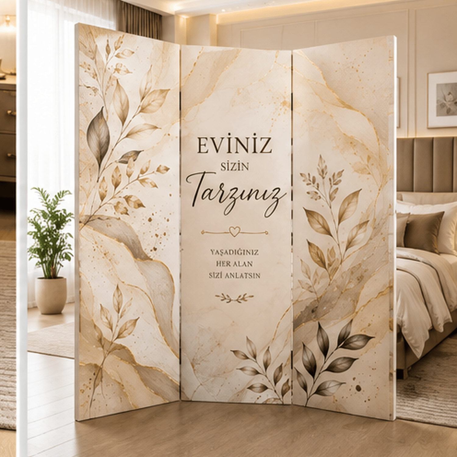 Yatak Odası Temalı Dekoratif Paravan – Gold Mermer Desenli Oda Bölücü