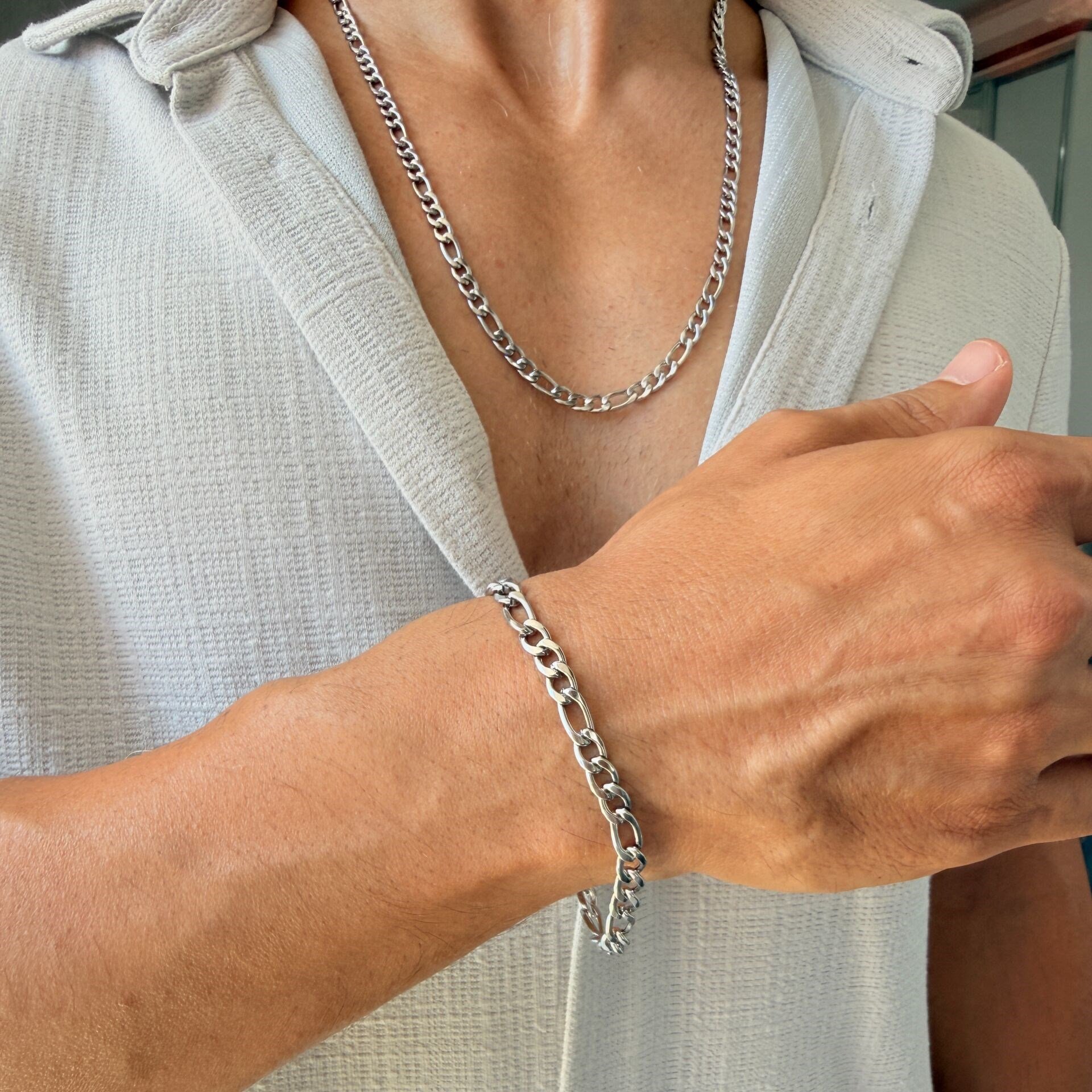 Figaro Gümüş Paslanmaz Çelik Erkek Kadın Kolye Silver