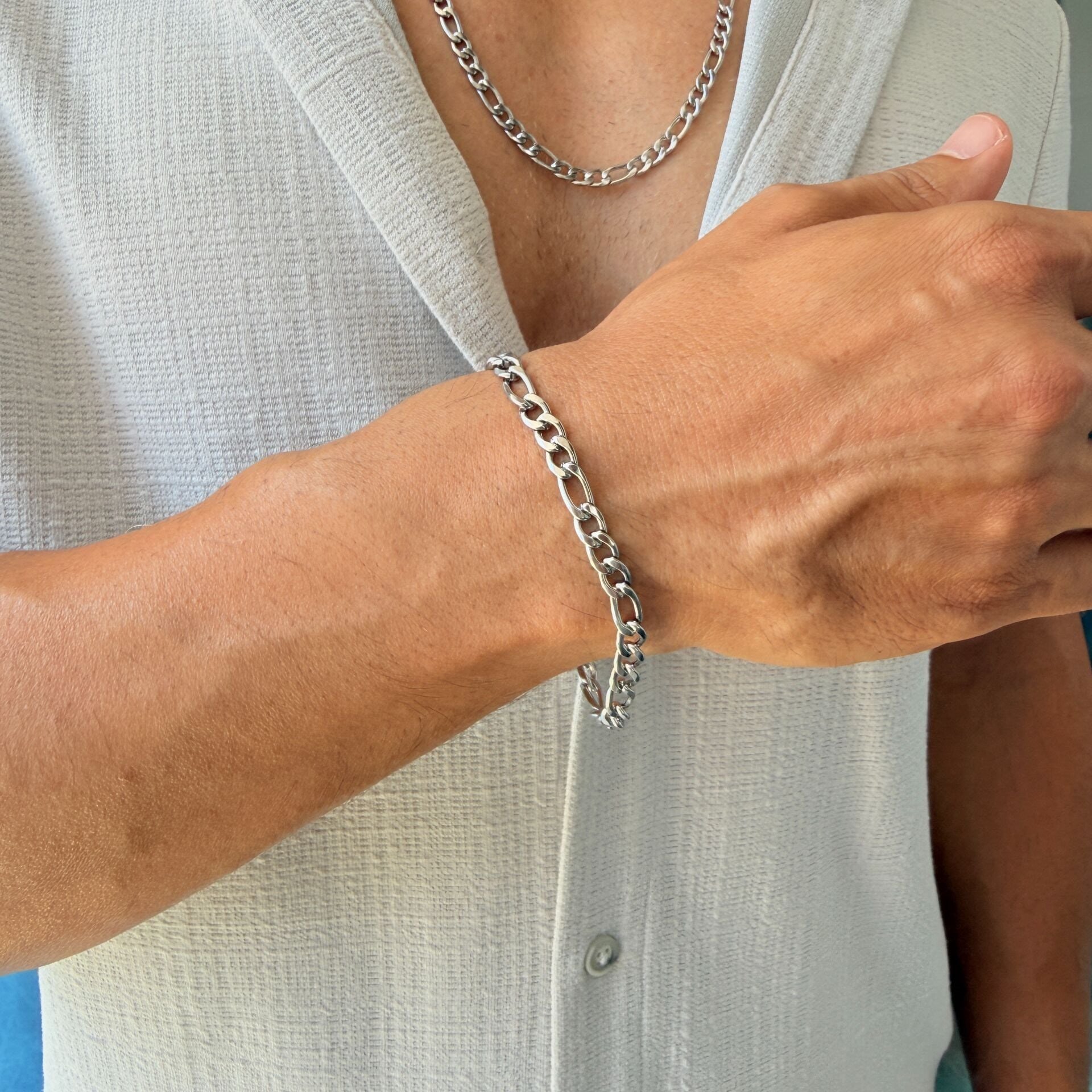 Figaro Gümüş Paslanmaz Çelik Erkek Kadın Bileklik Silver