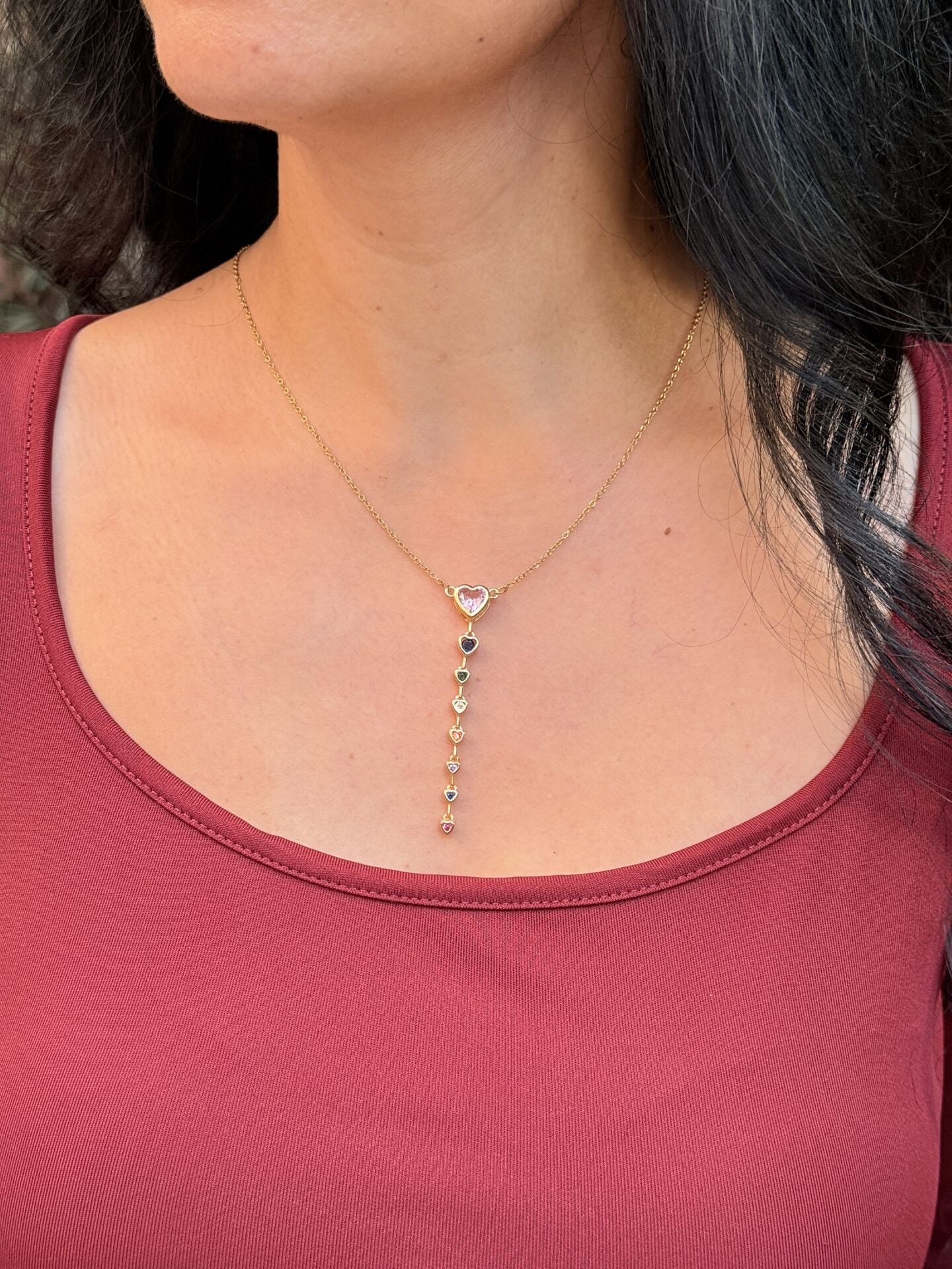 Renkli Zirkon Taşlı Y Model Çelik Kolye Gold