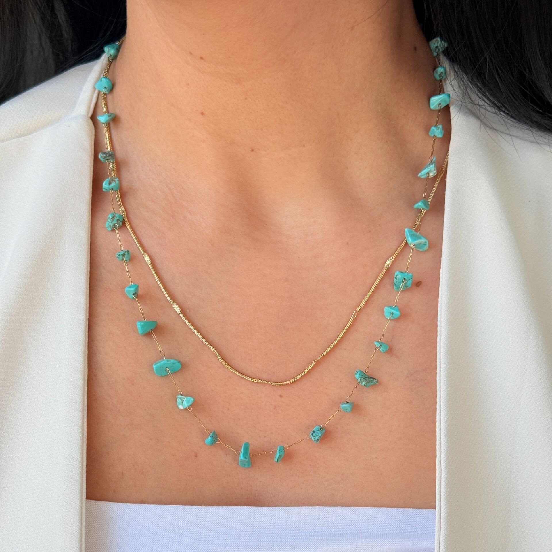 Turkuaz Taşlı Paslanmaz Çelik Kolye Gold