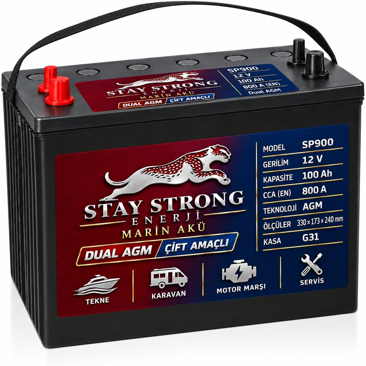 STAY STRONG SP900 12V 100Ah 800A AGM Marin Çift Amaçlı Aküsü