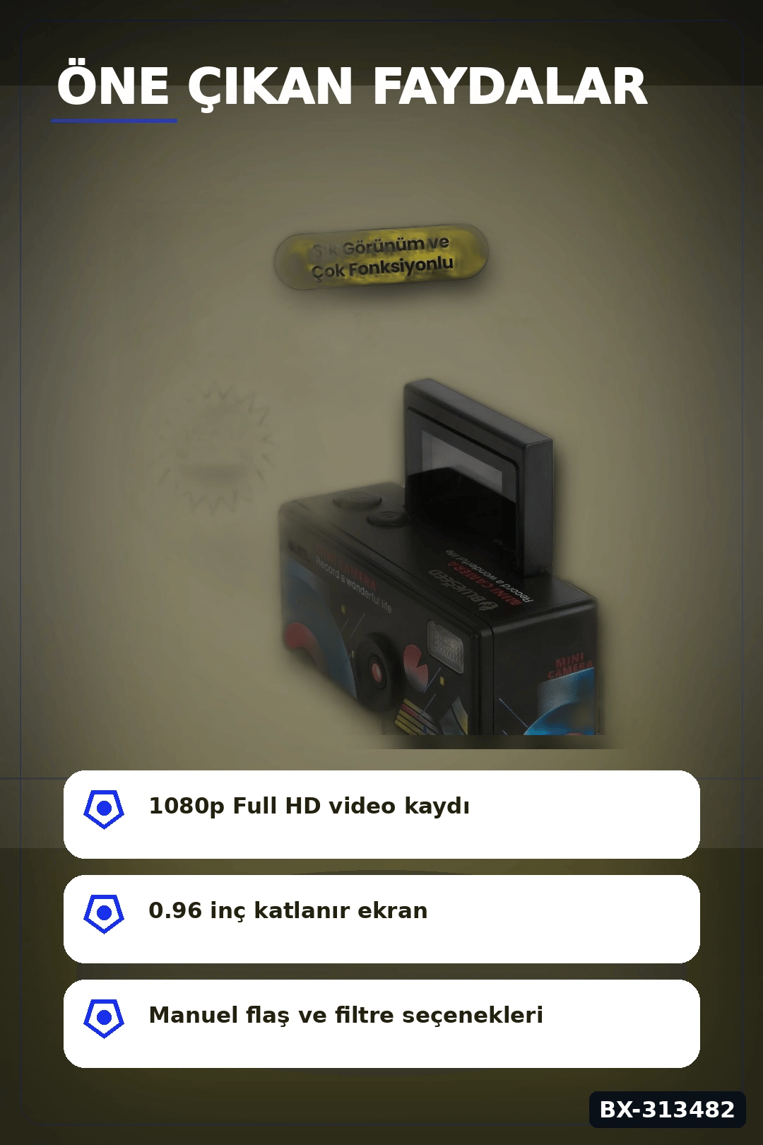 0.96 Inç Katlanır Ekranlı Mini Anahtarlık Kamerası 1080p Full HD Video Kayıt BX-313482
