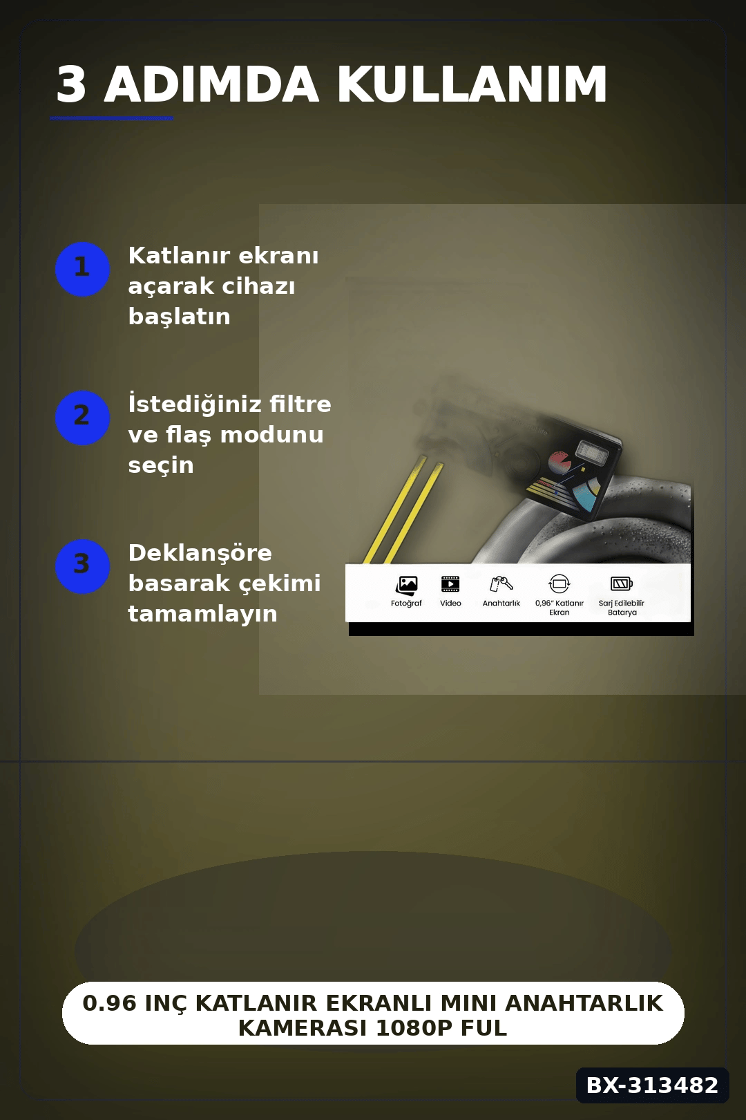 0.96 Inç Katlanır Ekranlı Mini Anahtarlık Kamerası 1080p Full HD Video Kayıt BX-313482
