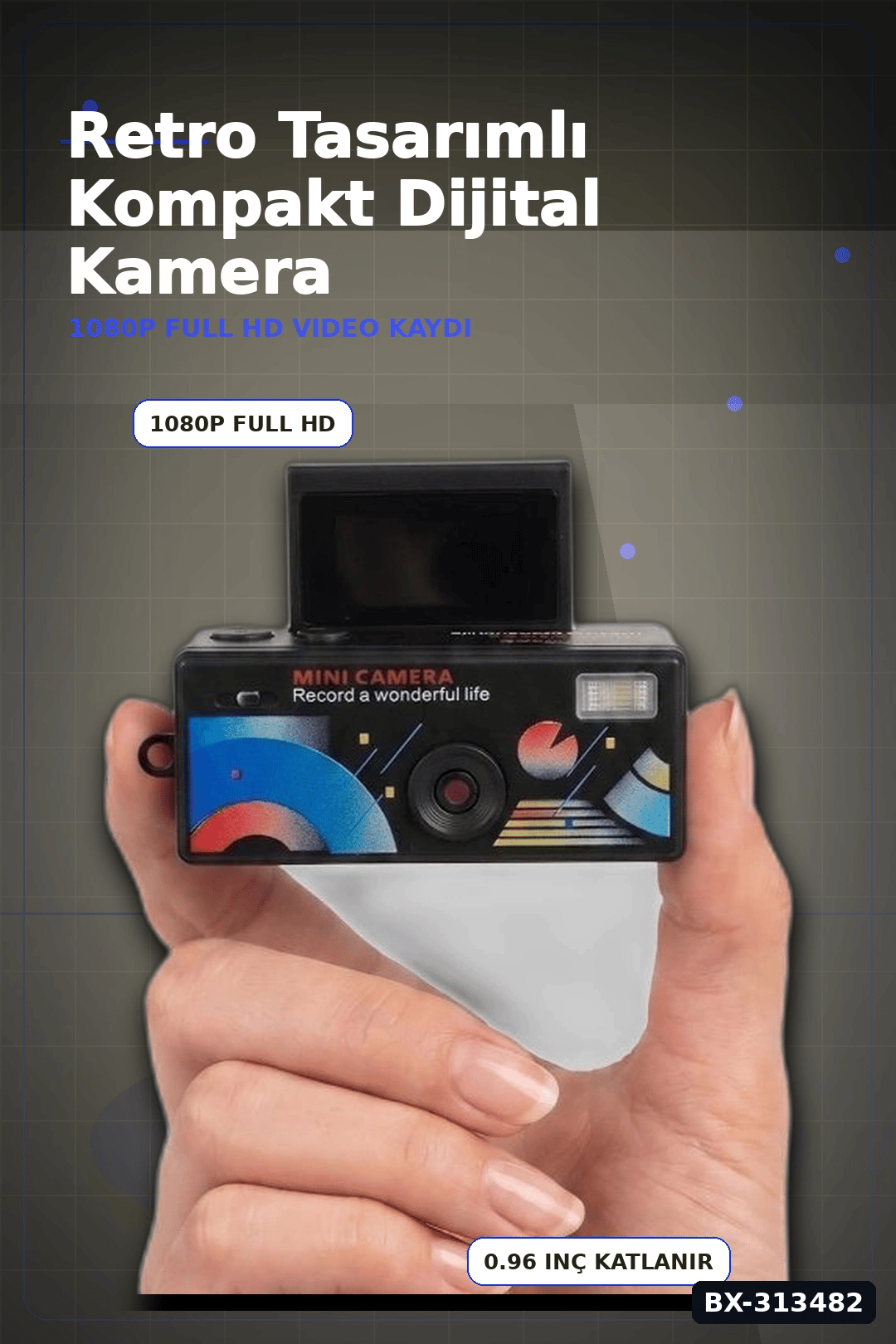 0.96 Inç Katlanır Ekranlı Mini Anahtarlık Kamerası 1080p Full HD Video Kayıt BX-313482