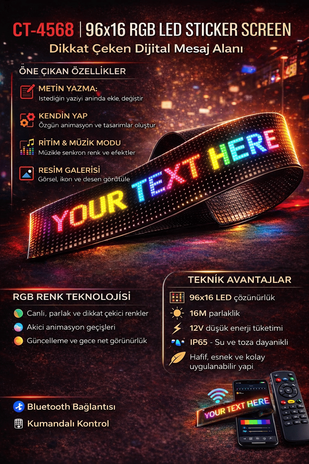 1 Adet CATA CT 4568 Esnek Yapışkanl Matrix Led Panel 60X12 RGB