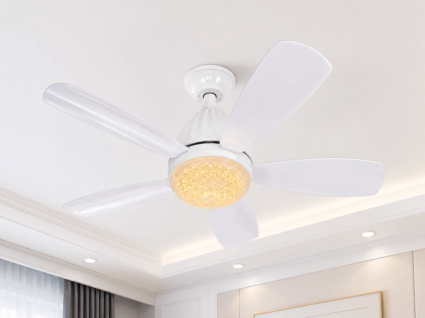 1 Adet FİM Kristal 30W Ledli 5 Kanat Tavan Vantilatörü 1154 Kumandalı 3 Renk E27 Duy