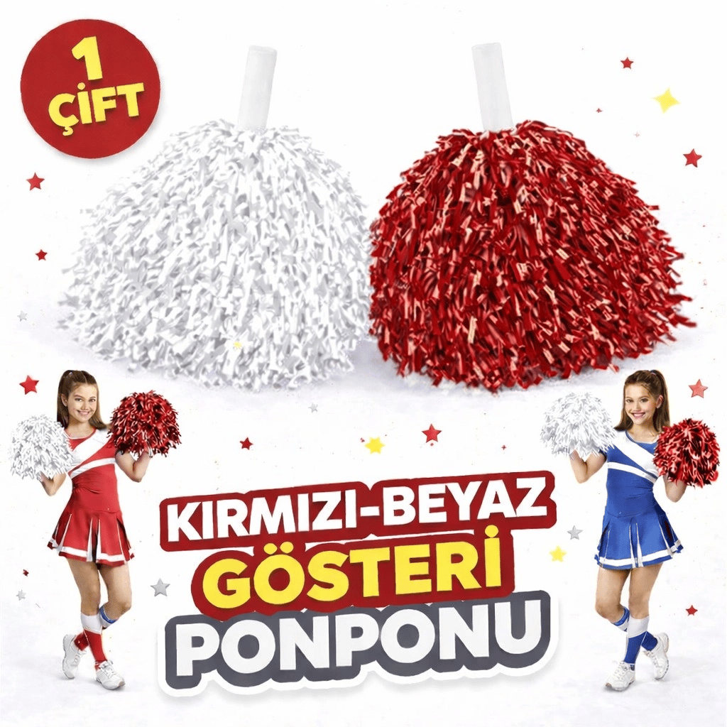 1 Çift ( 2 Adet ) Kırmızı-beyaz Renk 23 Nisan 19 Mayıs 29 Ekim Okul Gösteri Ponponları Ekstra Dolgun Bx40