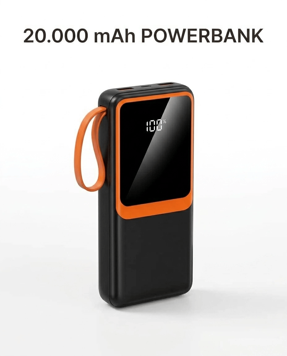 1. Çoklu Çıkışlı 20000 mAh Powerbank Entegre Kablolu Dijital Ekranlı Taşınabilir Şarj Cihazı
