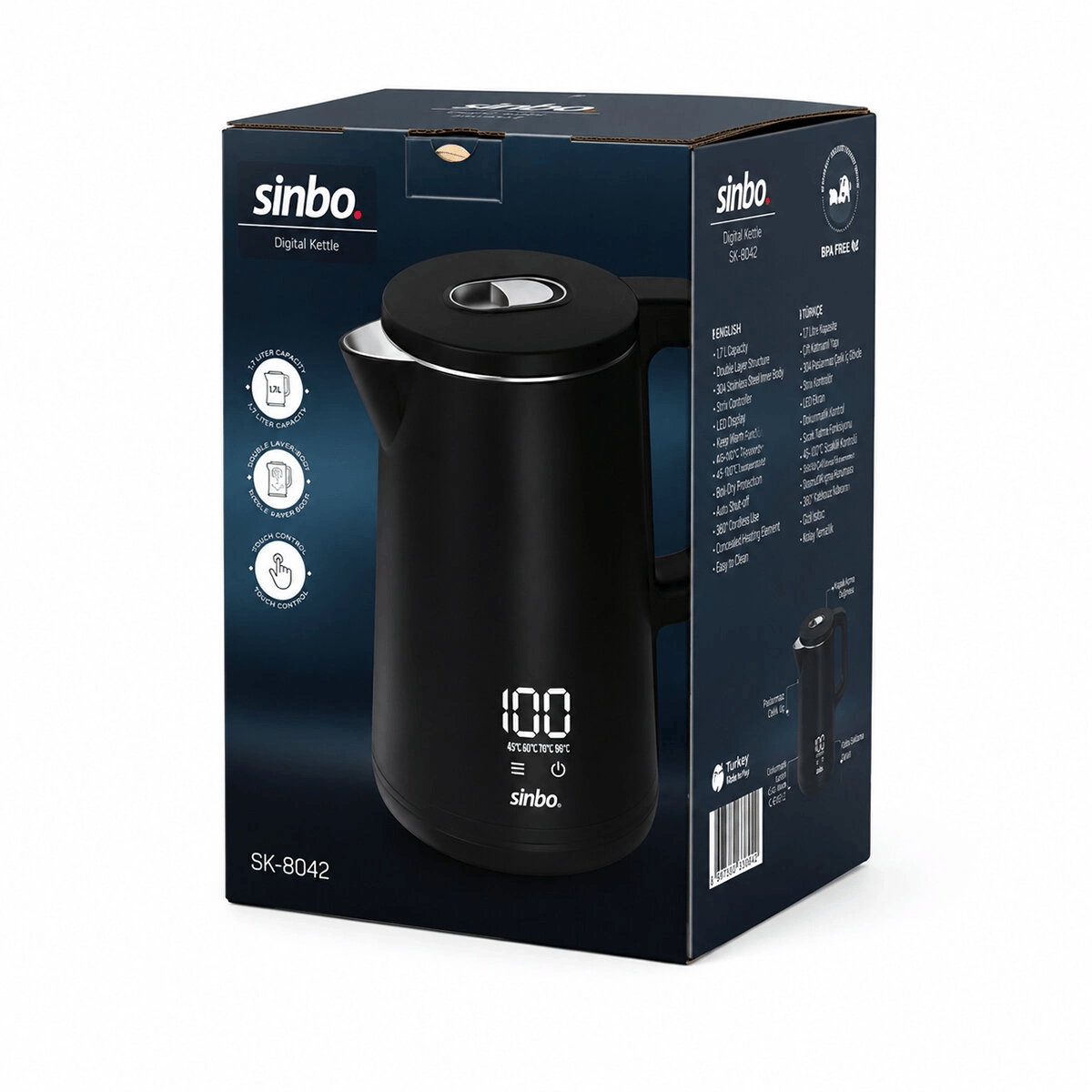 1.8l 1500w Plastik Kapak - Dokunmatik Ekran Dijital Kettle Su Isıtıcısı Kablosuz Kullanım Sk-8042 Bx40