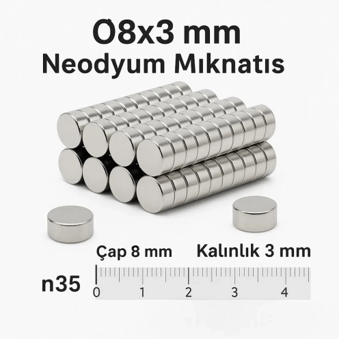 10 Adet 8x3mm Yuvarlak Neodyum Mıknatıs Güçlü Nikel Kaplamalı Kaliteli Dayanıklı Magnet