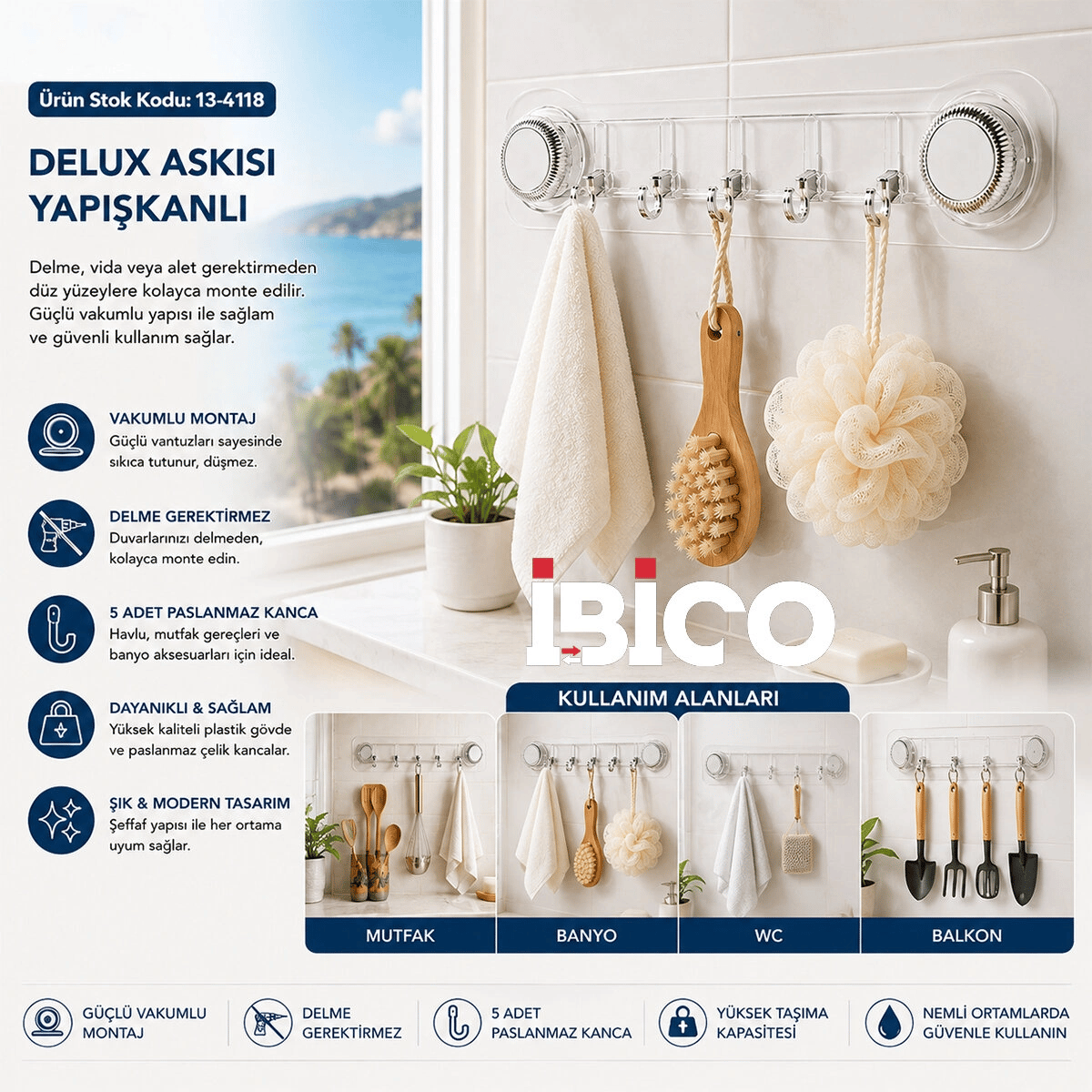 10 Adet Plastik Poşetli 5 Kollu - Vakumlu Delux Askısı Yapışkanlı 38.5cm - 5cm Bx40