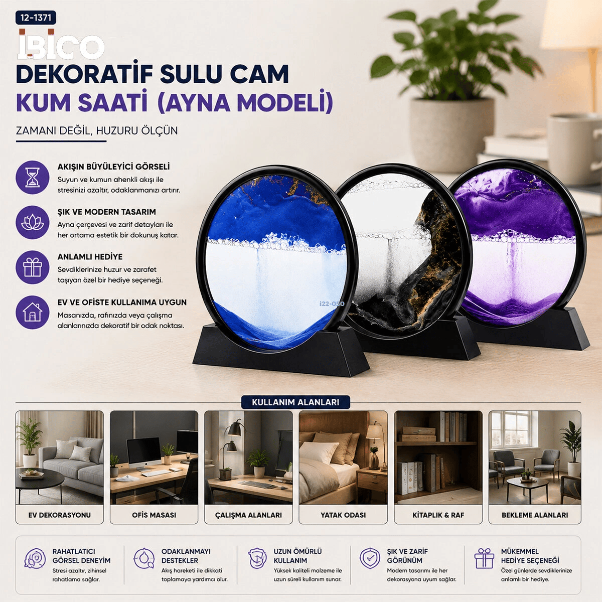 10 Inc - 25cm Renkli Sulu Cam Kum Saati Hareketli Ayna Modeli Bx40