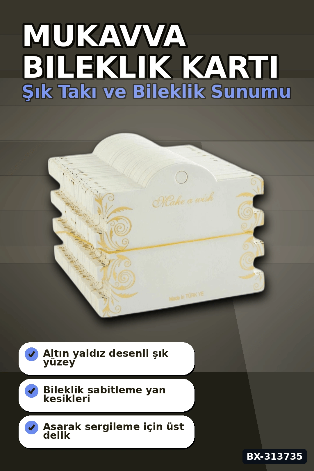 100 Adet 8x10 cm Mukavva Bileklik Kartı - 3'Lü Yaldızlı Kalın, Takı Organizer Aksesuarı BX-313735
