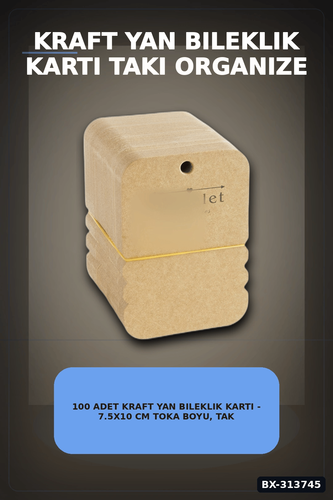100 Adet Kraft Yan Bileklik Kartı - 7.5x10 cm Toka Boyu, Takı Organizeri BX-313745