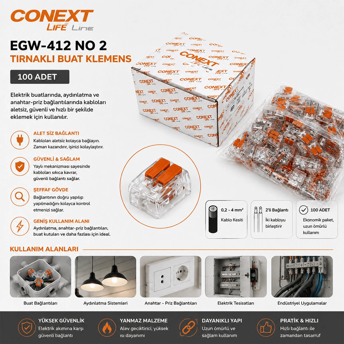 100 Adet No 2 0.2x4.0 Kablo Geçmeli Mandallı Buat Klemens Bx40