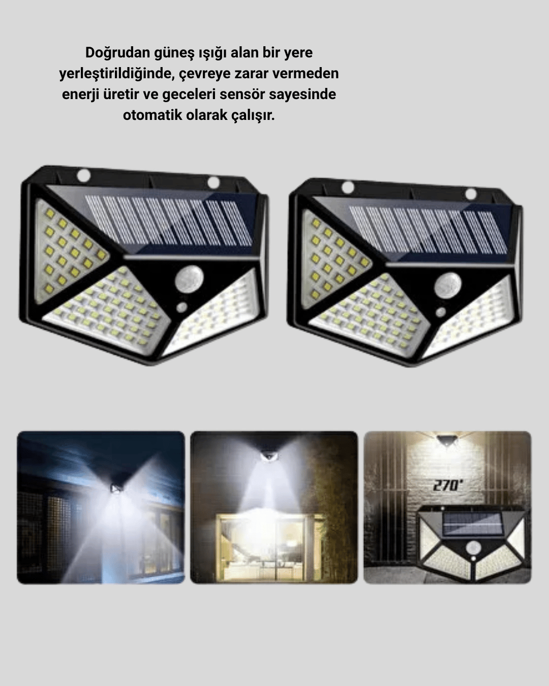 100 LED Solar Lamba Hareket Algılamalı Bahçe Duvar Dış Mekan Aydınlatma