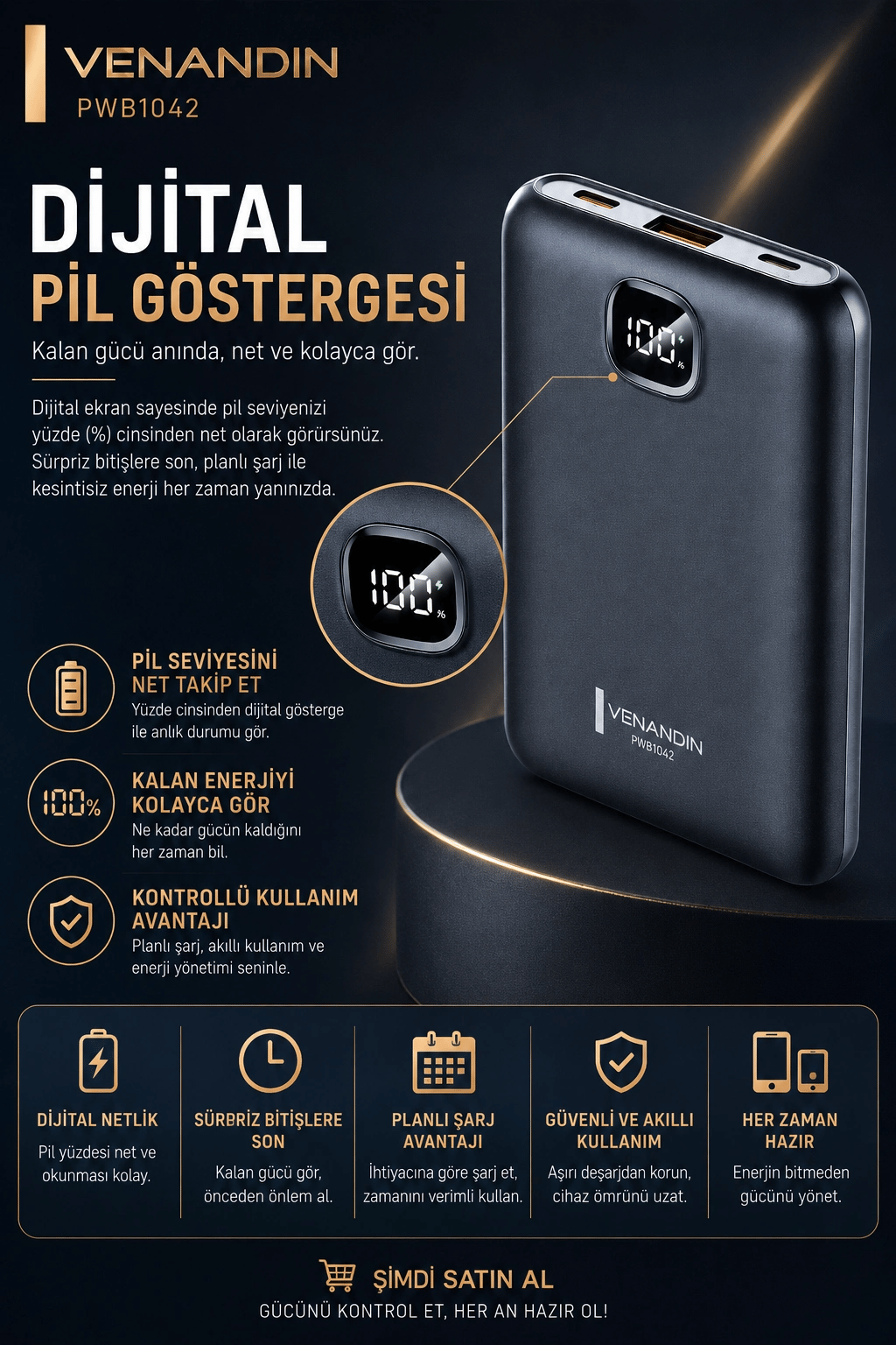 10000 mAh Dijital Göstergeli Hızlı Şarj Destekli Taşınabilir Powerbank