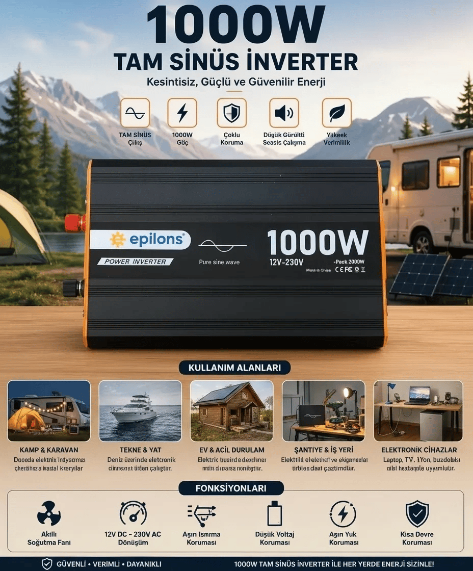 1000W Tam Sinüs İnverter 12V AC Çevirici | Sessiz Fanlı, USB Çıkışlı, Araç Karavan Tekne Solar Uyumlu Güç İnverteri