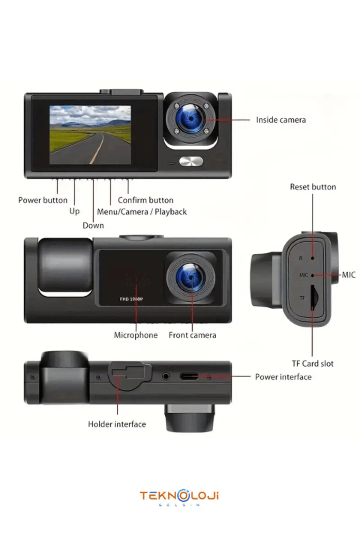 1080P Dash Cam Full Hd Araç içi Kamera Ön Arka ve İç Kayıt 3 Kamera Gece Görüşlü G Sensör Geniş Açı