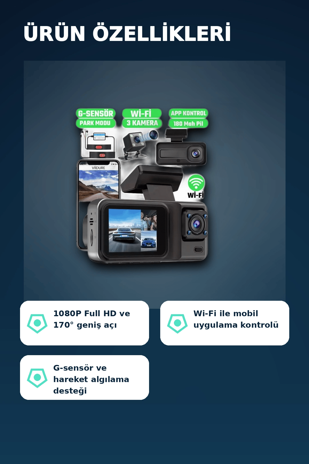1080P Full HD 3 Kameralı Araç İçi Kayıt Kamerası Seti Wi-Fi ve Park Modu Özellikli
