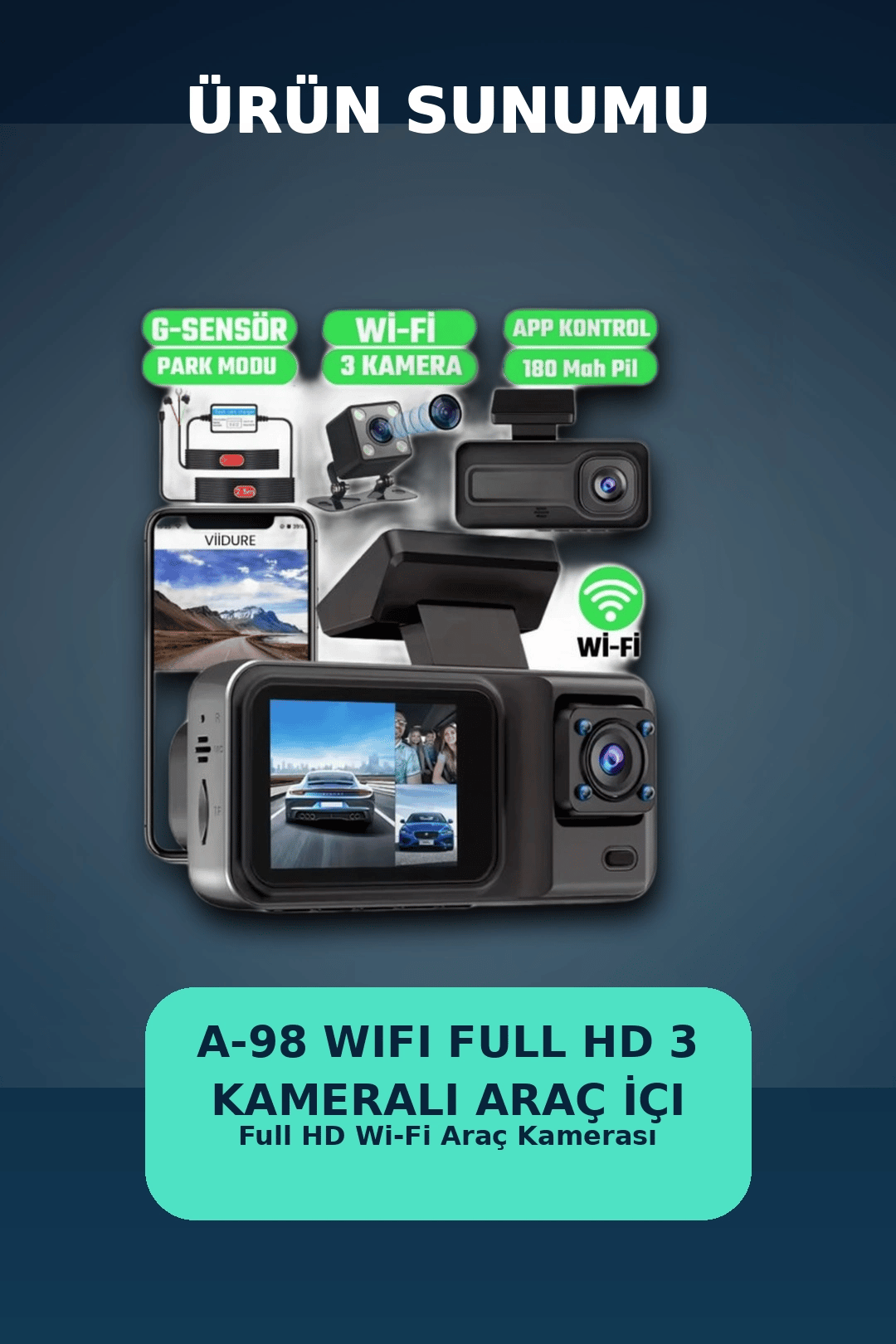1080P Full HD 3 Kameralı Araç İçi Kayıt Kamerası Seti Wi-Fi ve Park Modu Özellikli