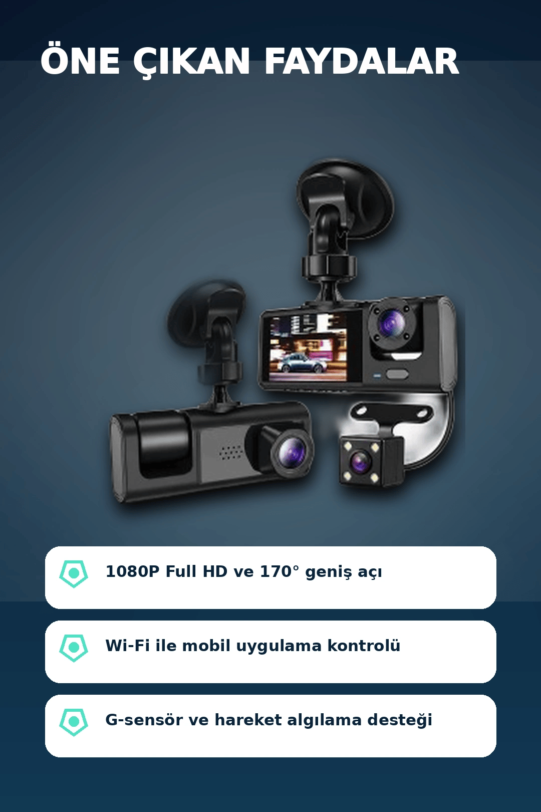 1080P Full HD 3 Kameralı Araç İçi Kayıt Kamerası Seti Wi-Fi ve Park Modu Özellikli