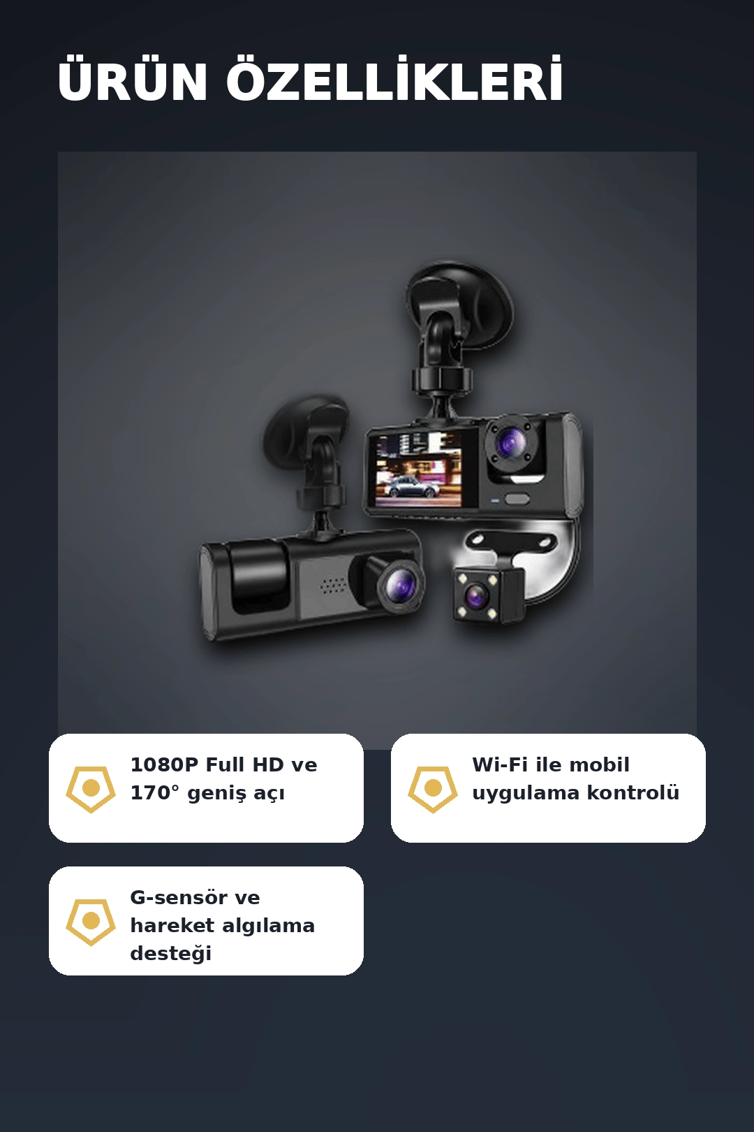 1080P Full HD 3 Kameralı Wi-Fi Araç İçi Yol Kayıt Kamerası Seti 170 Derece Park Modlu
