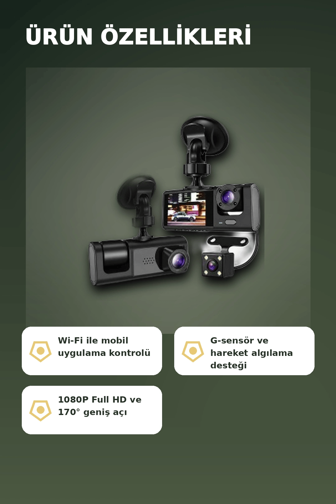 1080P Full HD 3 Kameralı Wi-Fi Araç İçi Kayıt Cihazı ve Park Modlu Güvenlik Kamerası Seti