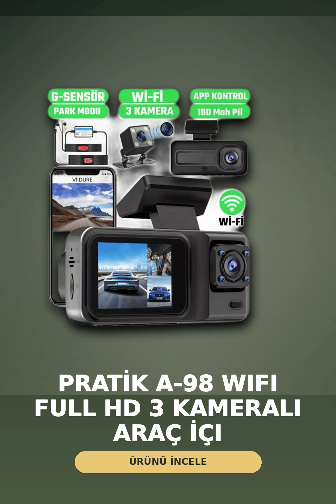 1080P Full HD 3 Kameralı Wi-Fi Araç İçi Kayıt Cihazı ve Park Modlu Güvenlik Kamerası Seti