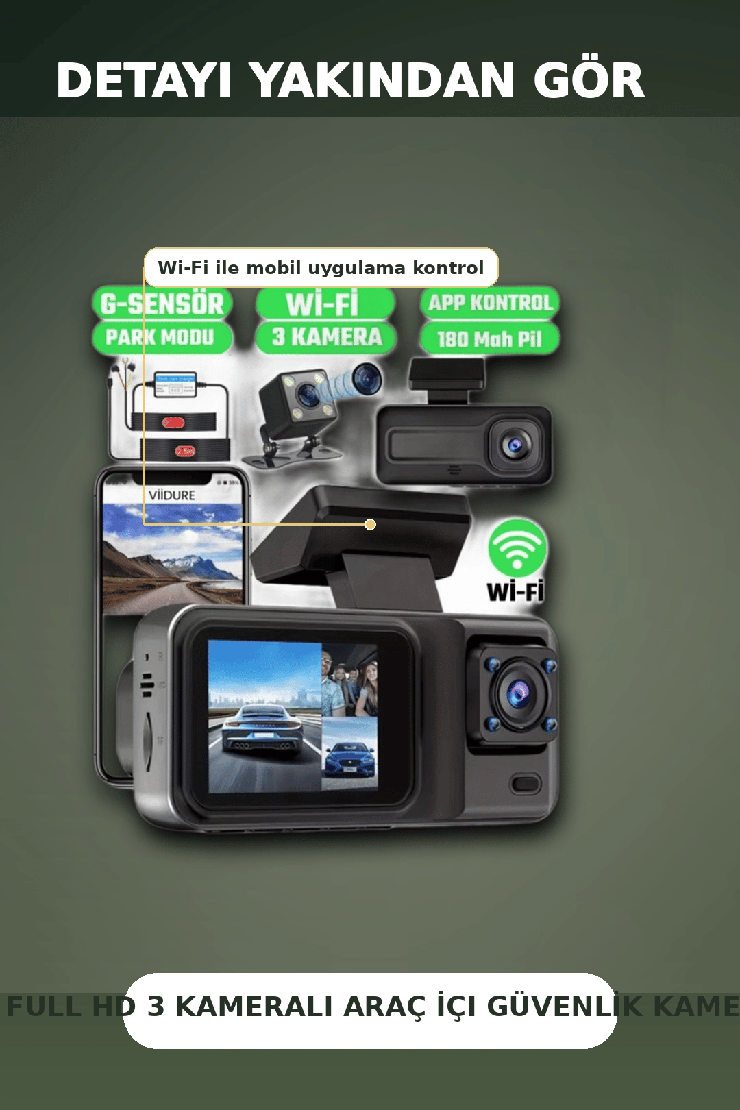 1080P Full HD 3 Kameralı Wi-Fi Araç İçi Kayıt Cihazı ve Park Modlu Güvenlik Kamerası Seti