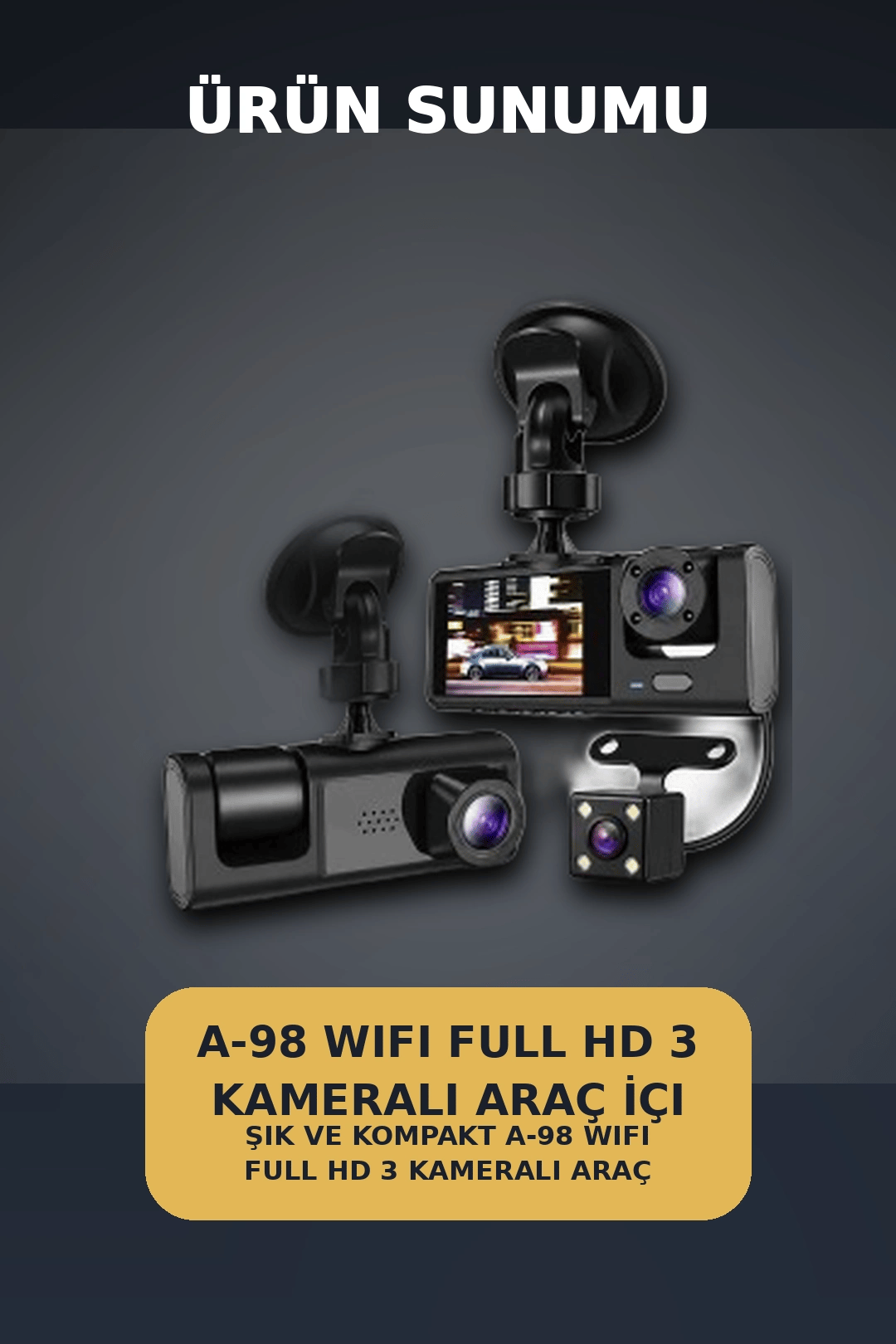 1080P Full HD 3 Kameralı Wi-Fi Araç İçi Yol Kayıt Kamerası Seti 170 Derece Park Modlu
