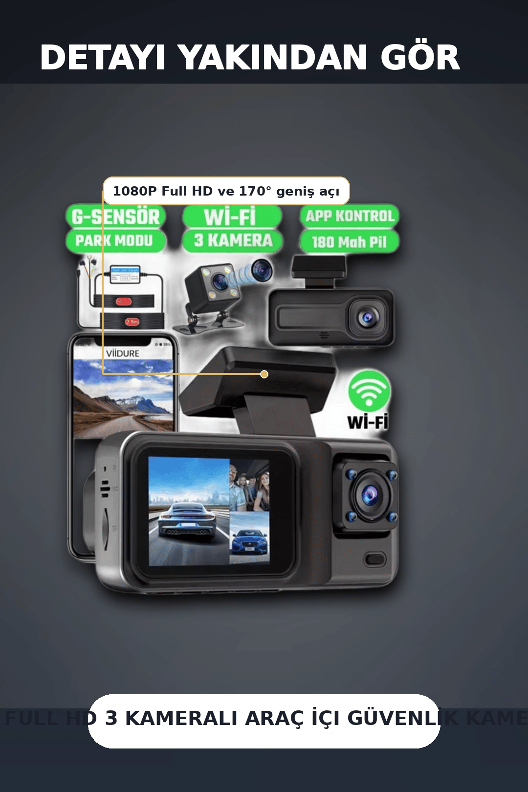 1080P Full HD 3 Kameralı Wi-Fi Araç İçi Yol Kayıt Kamerası Seti 170 Derece Park Modlu