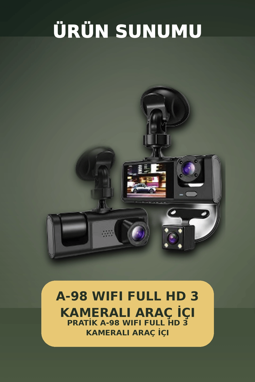 1080P Full HD 3 Kameralı Wi-Fi Araç İçi Kayıt Cihazı ve Park Modlu Güvenlik Kamerası Seti