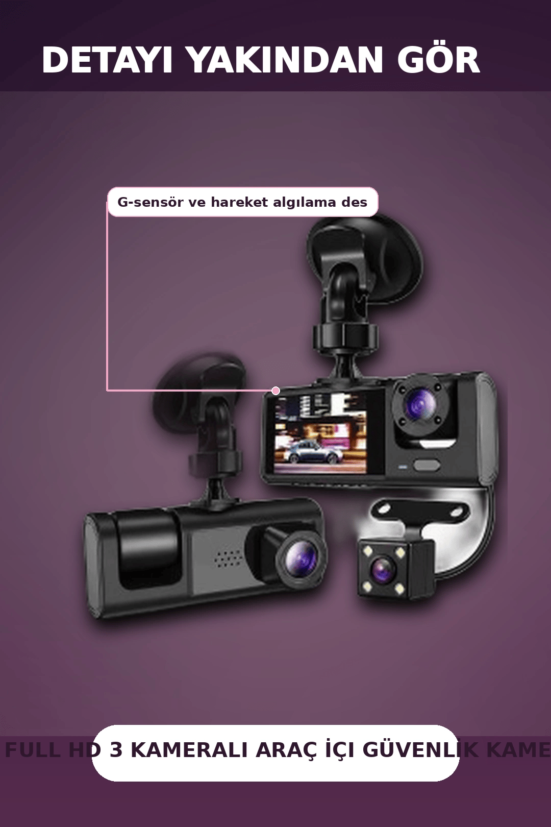 1080P Full HD 3 Kameralı Wi-Fi Bağlantılı Araç İçi Kayıt Cihazı ve Park Kamerası Seti