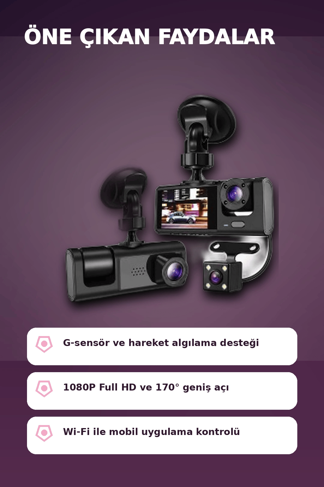 1080P Full HD 3 Kameralı Wi-Fi Bağlantılı Araç İçi Kayıt Cihazı ve Park Kamerası Seti