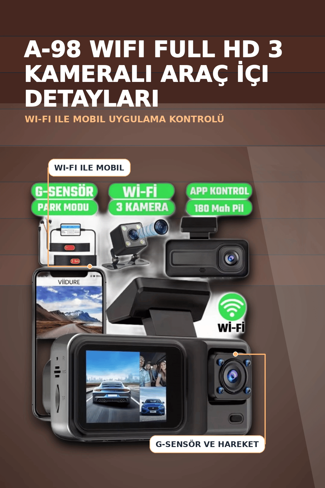 1080P Full HD 3 Kameralı Wi-Fi Destekli Araç İçi Yol Kayıt Kamerası 170 Derece Geniş Açı