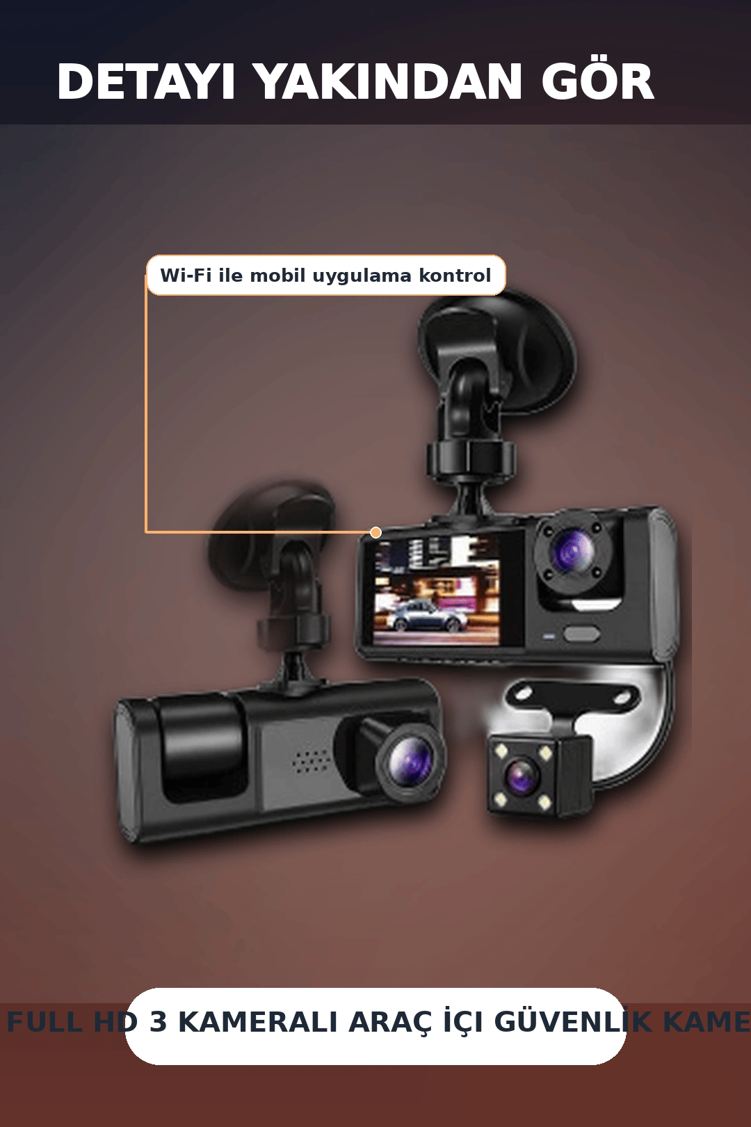 1080P Full HD 3 Kameralı Wi-Fi Destekli Araç İçi Yol Kayıt Kamerası 170 Derece Geniş Açı
