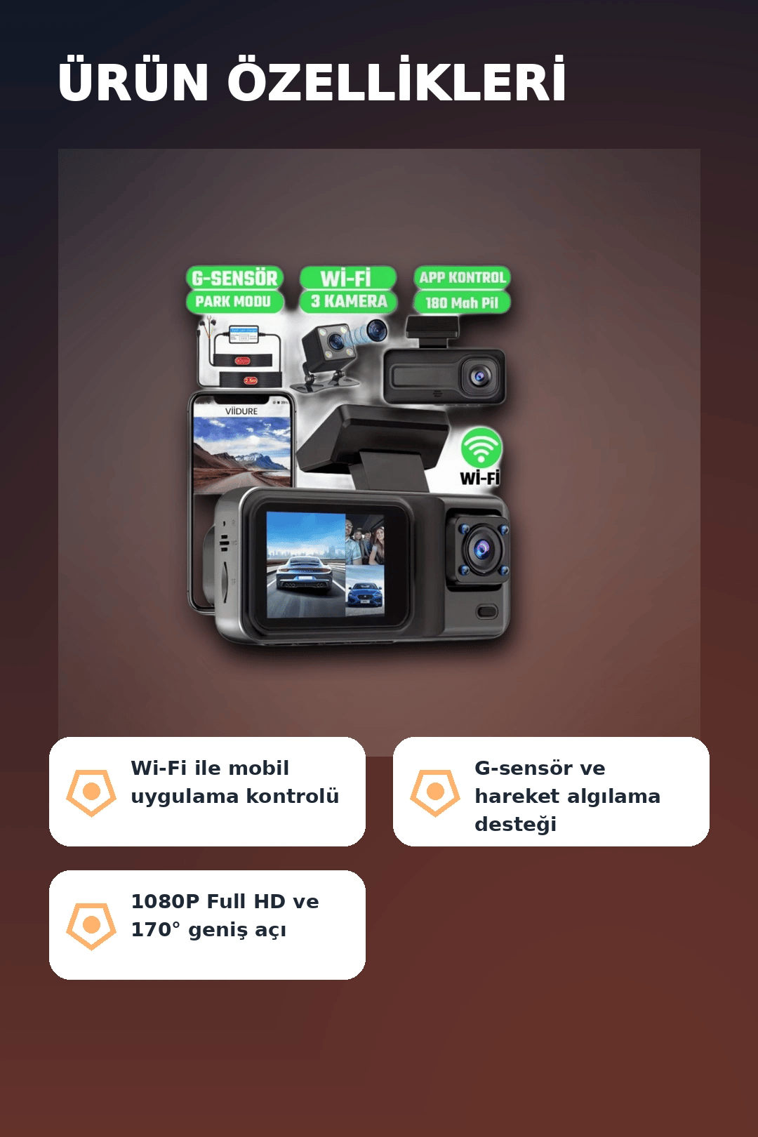 1080P Full HD 3 Kameralı Wi-Fi Destekli Araç İçi Yol Kayıt Kamerası 170 Derece Geniş Açı