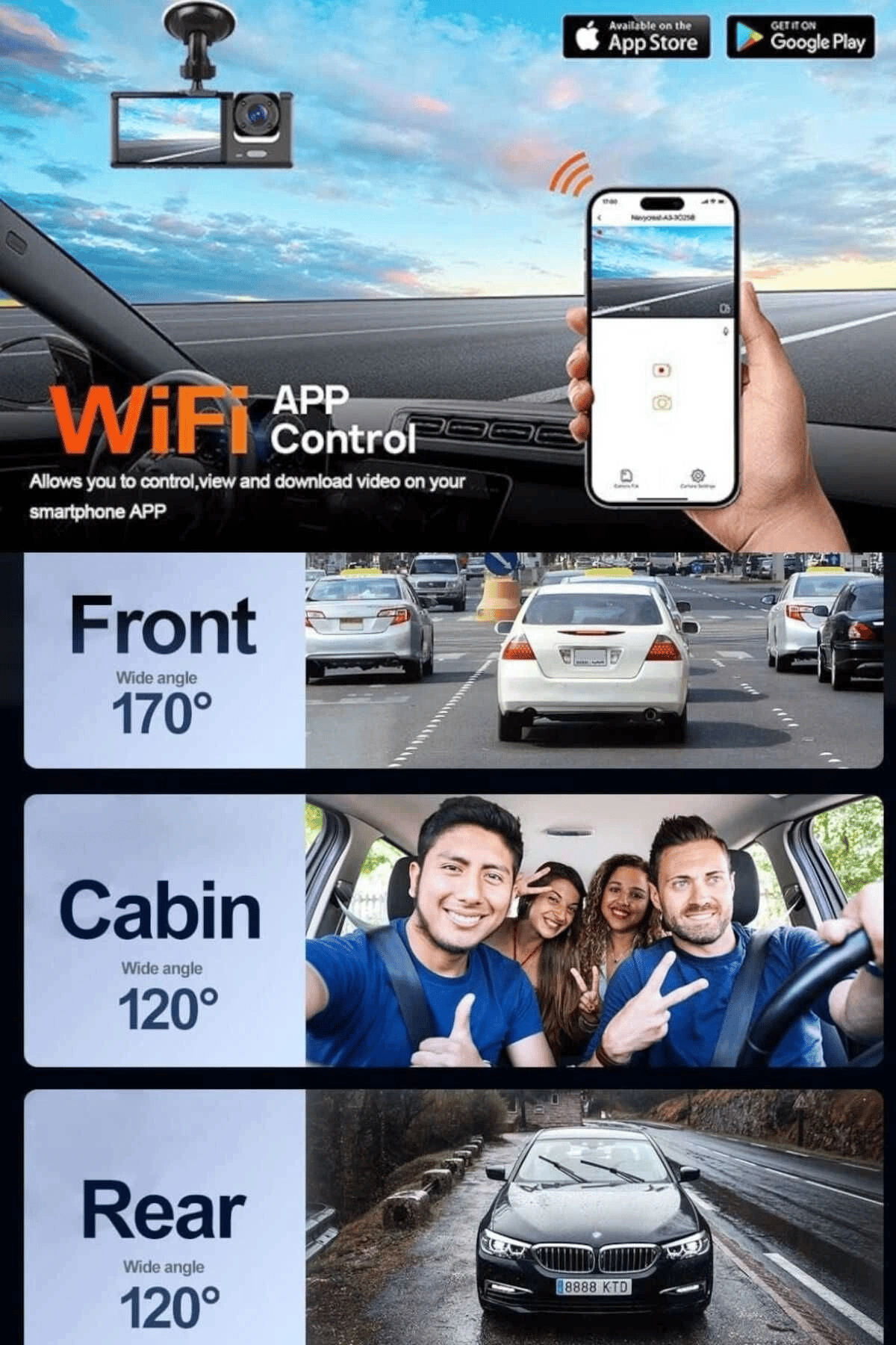 1080p Wifi Full Hd Araç Içi Kamera Arka Ön Iç Kayıt 3 Kamera Gece Görüşlü Gsensör Geniş Açı
