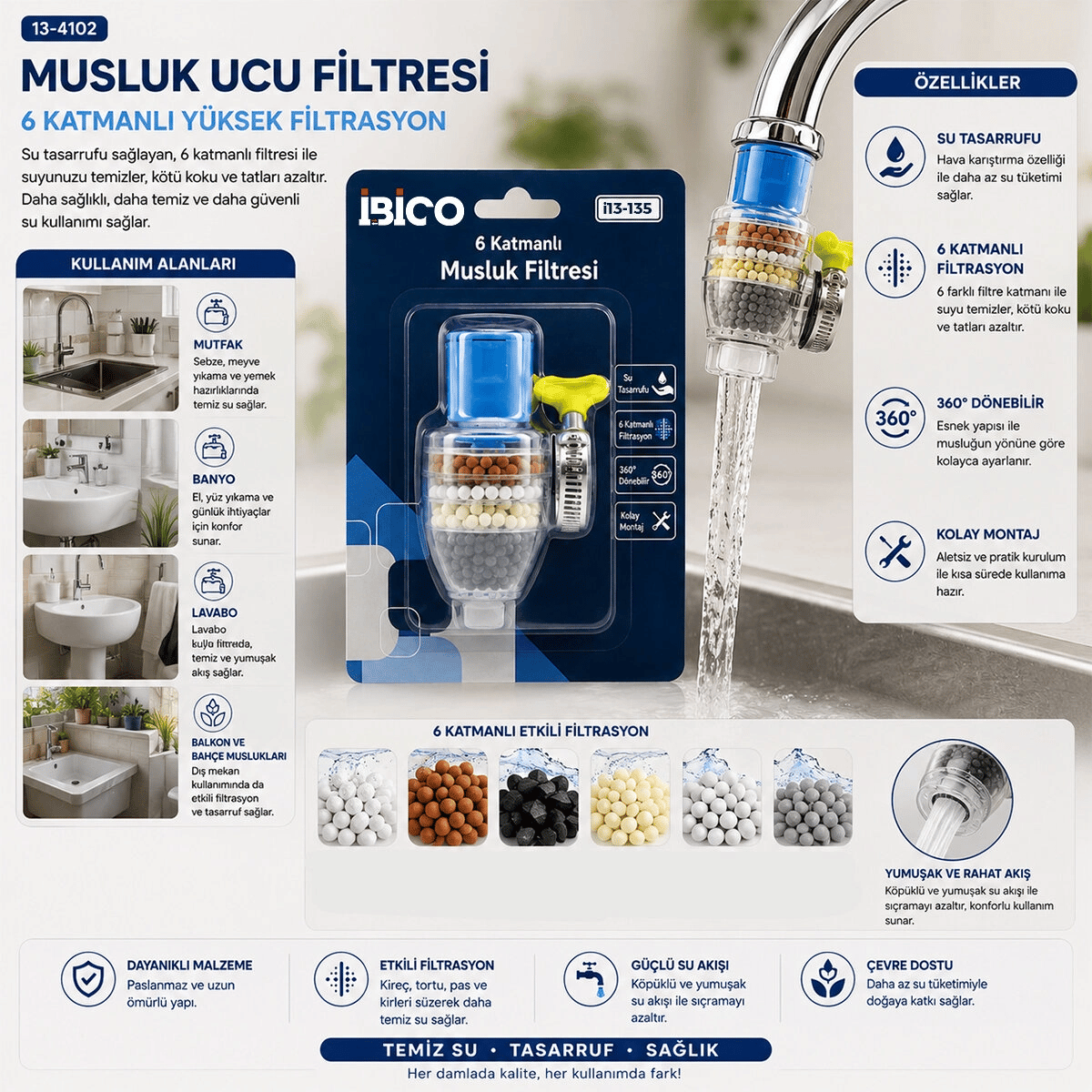 12 Adet Musluk Ucu Filtresi 6 Katmanlı - Taşlı 360° 16-19mm Tüm Musluklara Uyum Kireçlenme Yapmaz Bx40