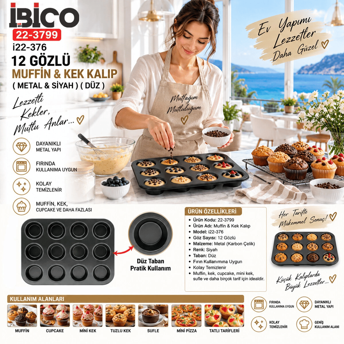12 Gözlü Metal - Siyah Düz Muffin - Kek Kalıp Bx40