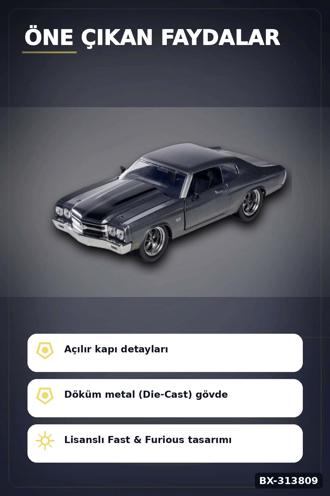 1:24 Metal Die-Cast 1970 Chevelle SS Araba - Açılır Kapı Kaput Bagaj, Lisanslı 19 cm BX-313809