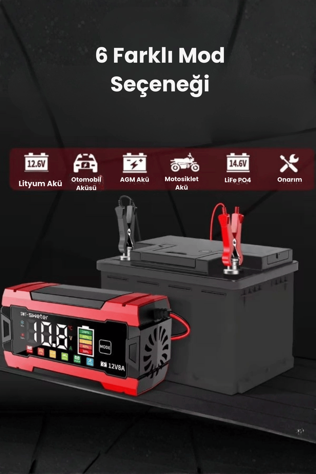 12V 8A Akıllı Akü Şarj Cihazı 12V 8A LCD Ekranlı Pulse Repair Otomatik Akü Şarj & Desülfatör
