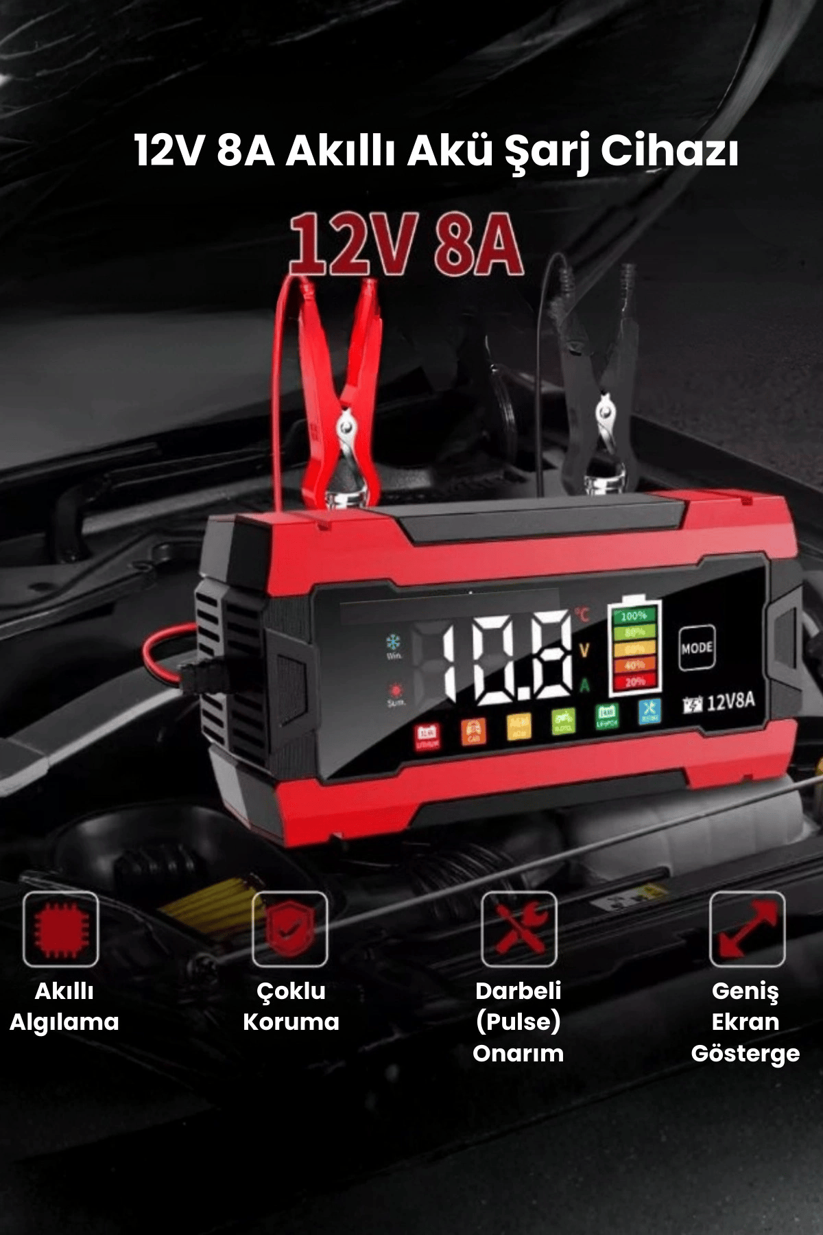 12V 8A Akıllı Akü Şarj Cihazı 12V 8A LCD Ekranlı Pulse Repair Otomatik Akü Şarj & Desülfatör